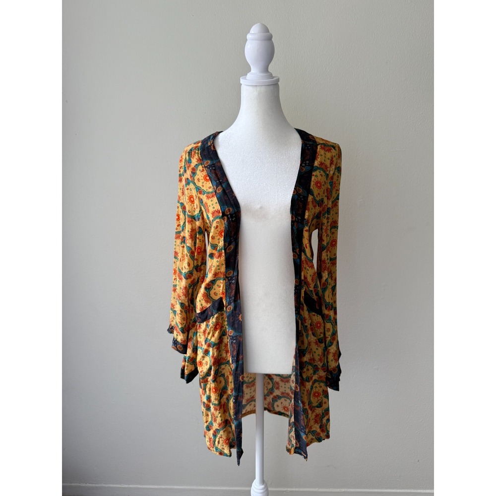 Benares Boho Floral Kimono Jacket Open Front Duster Top Yellow Multicolor Sz‎ XS